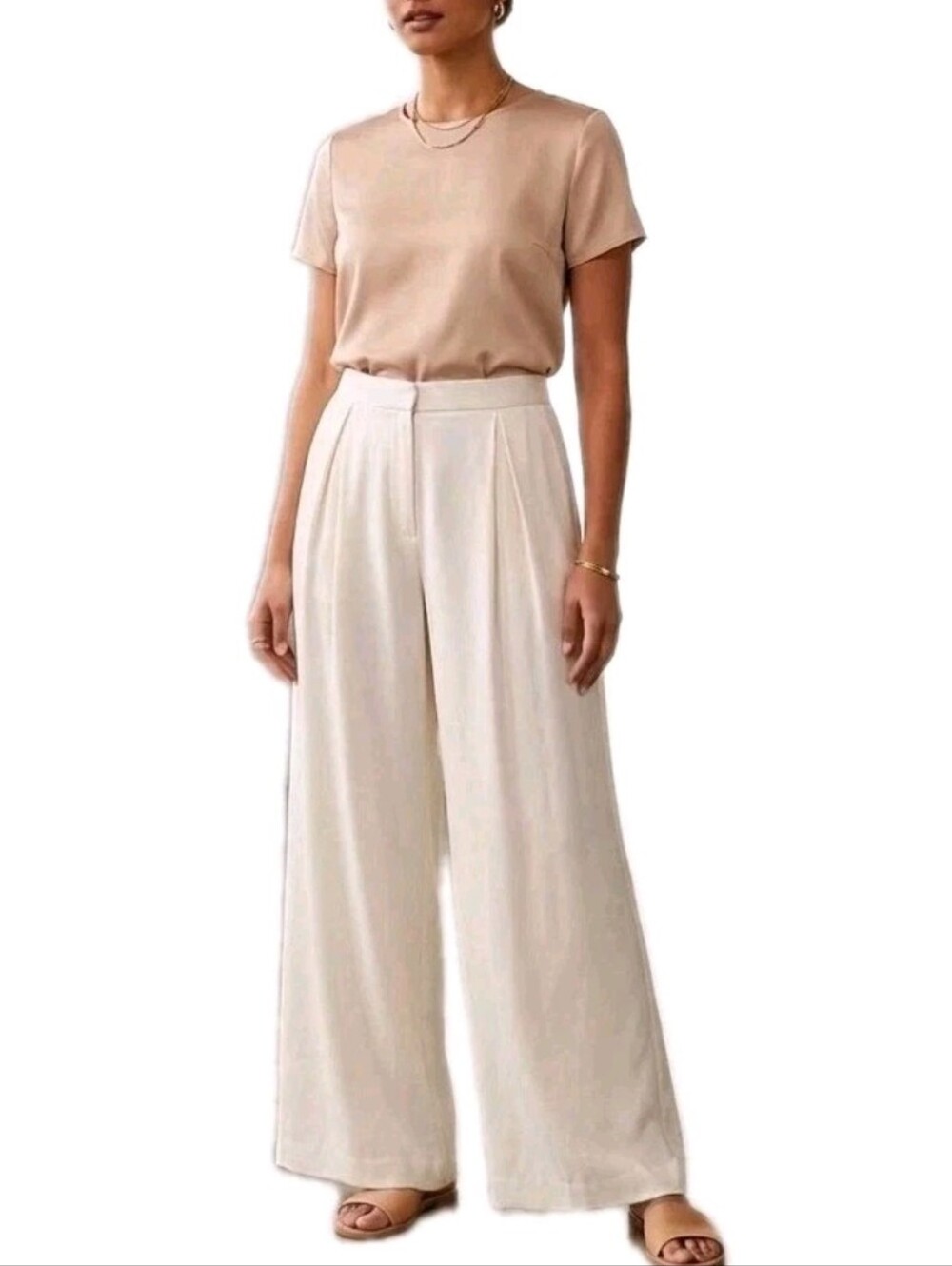 NWT White Satin Pants Size 12 Wide Leg Pleated Quiet Luxury Evening Party Boho